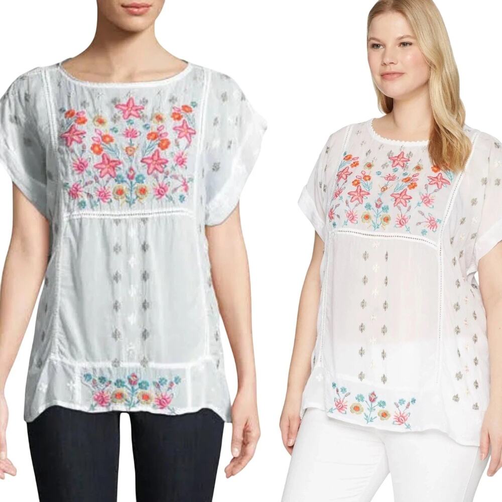 Johnny Was White Floral Embroidered Blouse Austina Short Sleeve Size S Boho EUC